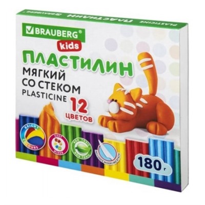 Пластилин мягкий восковой Brauberg (Брауберг) Kids, со стеком, 12 цветов, 180 г