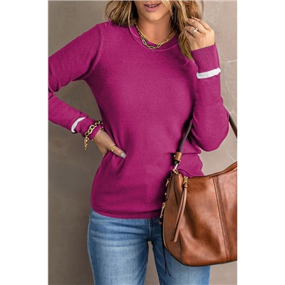 Rose Red Ribbed Trim Crew Neck Long Sleeve Sweater