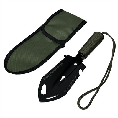 Универсальная саперная лопатка (черная), - удобный и компактный инструмент, включающий в себя: лопату, пилу, гвоздодер, шестигранные ключи, угловую отвертку, открывашку, нож для снятия кожуры, паракордовую веревку выживальщика. №347