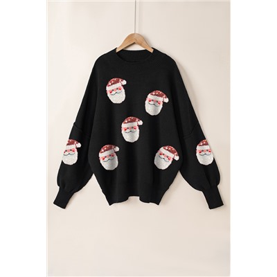 Black Sequined Santa Clause Bishop Sleeve Sweater