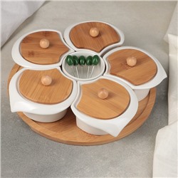 Набор мисок керамический для снэков на деревянной подставке «Эстет», 5 блюд: 12,5×7,5, соусник 8×5 см, 5 шпажек