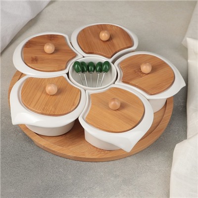 Набор мисок керамический для снэков на деревянной подставке «Эстет», 5 блюд: 12,5×7,5, соусник 8×5 см, 5 шпажек