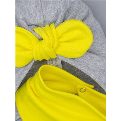 Чалма-тюрбан для девочки на завязках, бант + нагрудник, желтый и серый