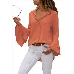 Коралловая блуза-рубашка с двойными воланами на рукавах