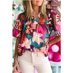 Rose Red Floral Print Puff Sleeve Notched V Neck Blouse