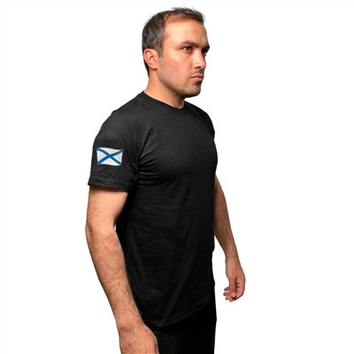 Стильная черная футболка с термотрансфером Андреевский флаг