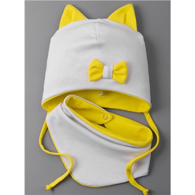 Шапка трикотажная для девочки, кошачьи ушки, на завязках, бантик + нагрудник, желтый с белым