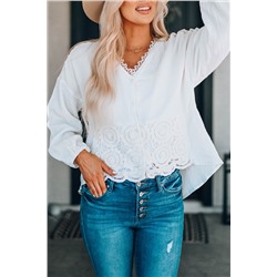 White Lace Trim Applique Crinkle Cotton Shirt