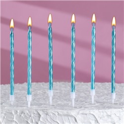 Свечи в торт витые с подставкой, 6 шт, 11 см, небесно-голубой
