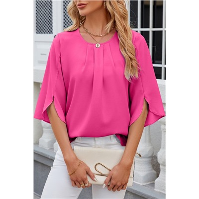 Bright Pink Pleated Round Neck Petal Sleeve Blouse