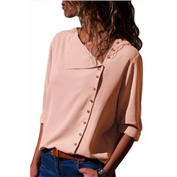 Розовая нарядная блуза с асимметричной застежкой на пуговицы и отложным воротником