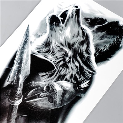 Татуировка на тело чёрная "Волк и рыцарь" 21х11,5 см