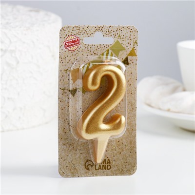 Свеча для торта цифра "Овал" золотая "2", большая, 5,5 см