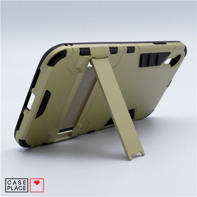 Противоударный двухкомпонентный чехол-бампер с подставкой для iPhone XR (10R) золотистый