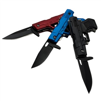 Набор складных ножей с рукояткой в форме пистолета Browning (США) (24 шт), - в комплект входит 12 черных ножей, 6 синих ножей, 6 красных ножей.№427